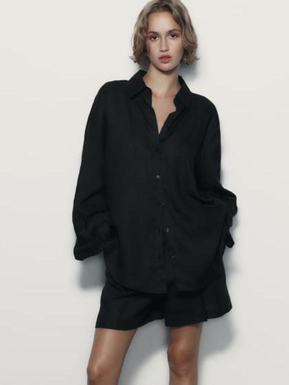 Zara 100% Linen Black Button-Down Shirt